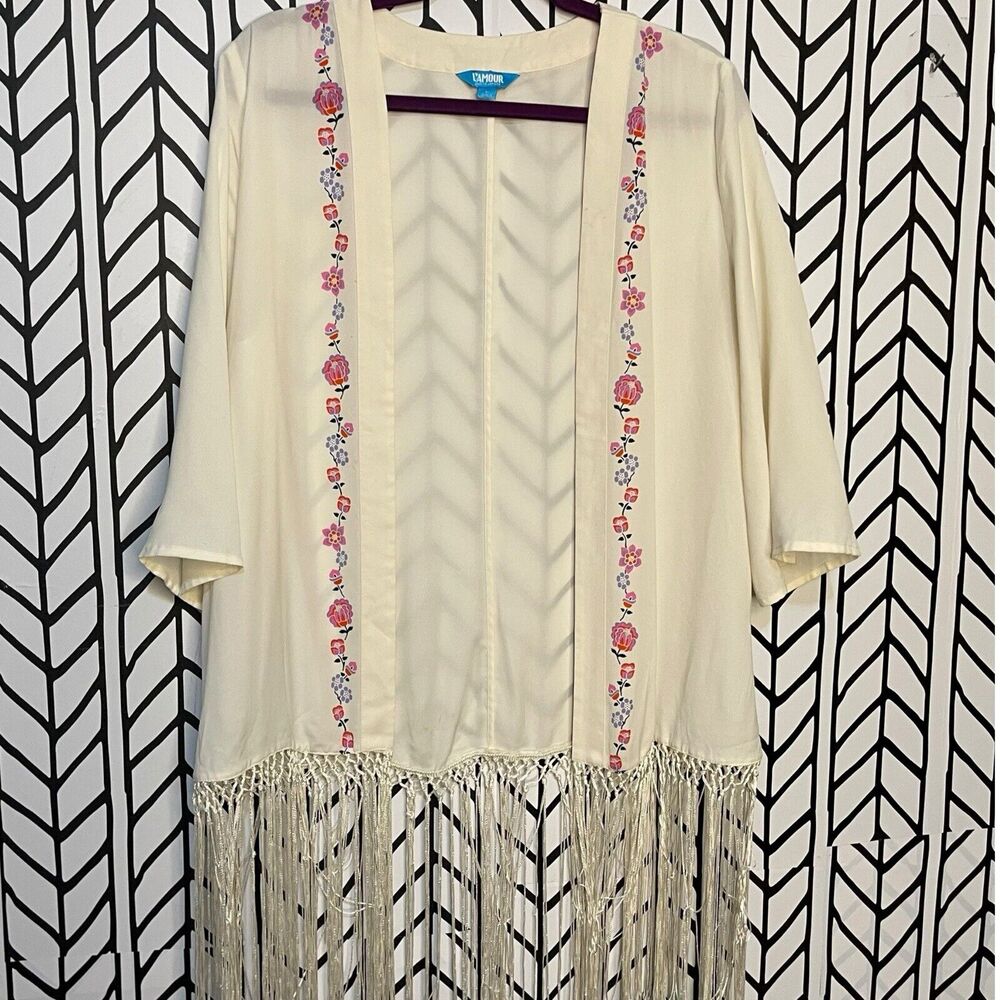 Nanette Lepore L'Amour Open Front Cardigan Women's Large Ivory White Fringe Boho